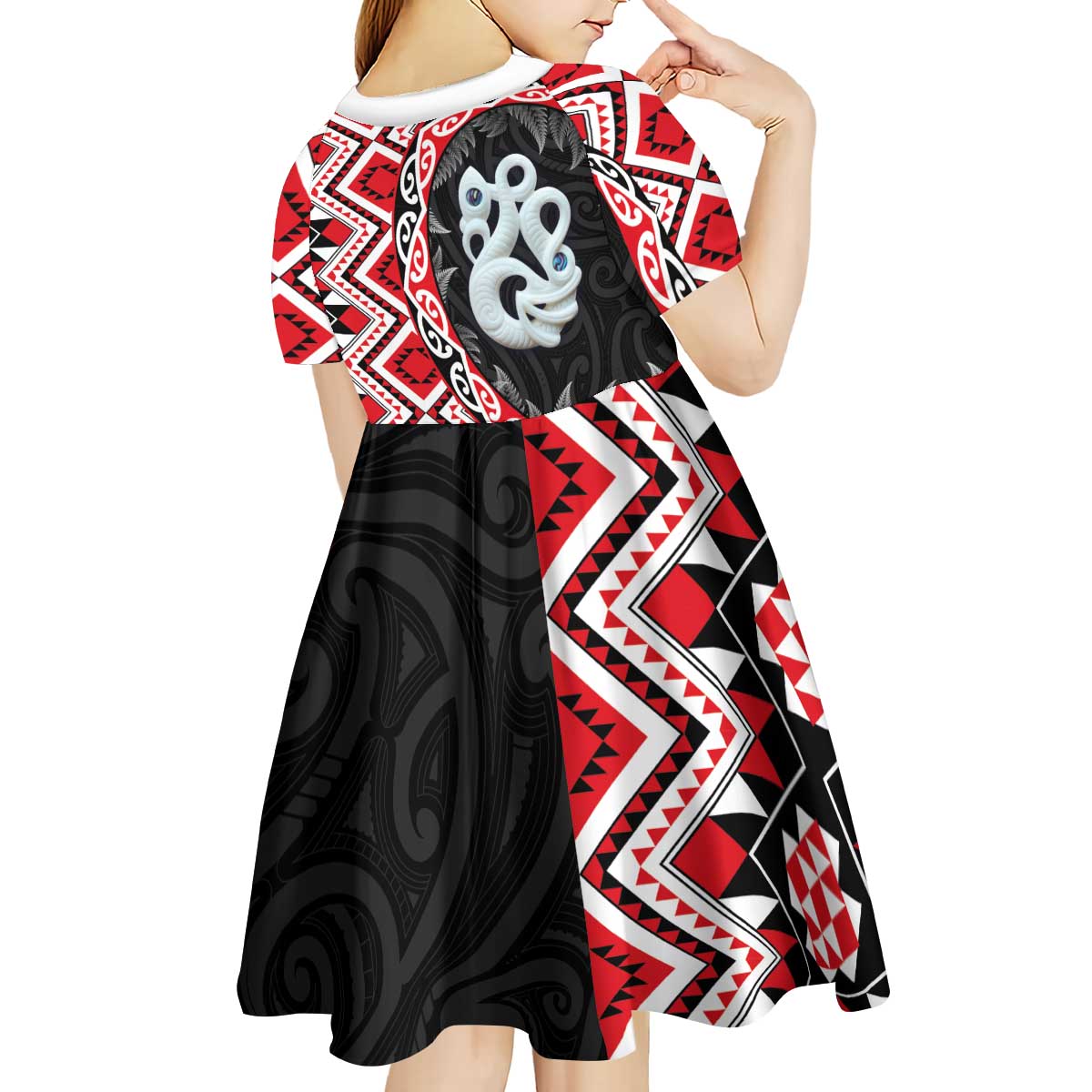 Red Taniko Motif Aotearoa Manaia and Silver Fern Kid Short Sleeve Dress
