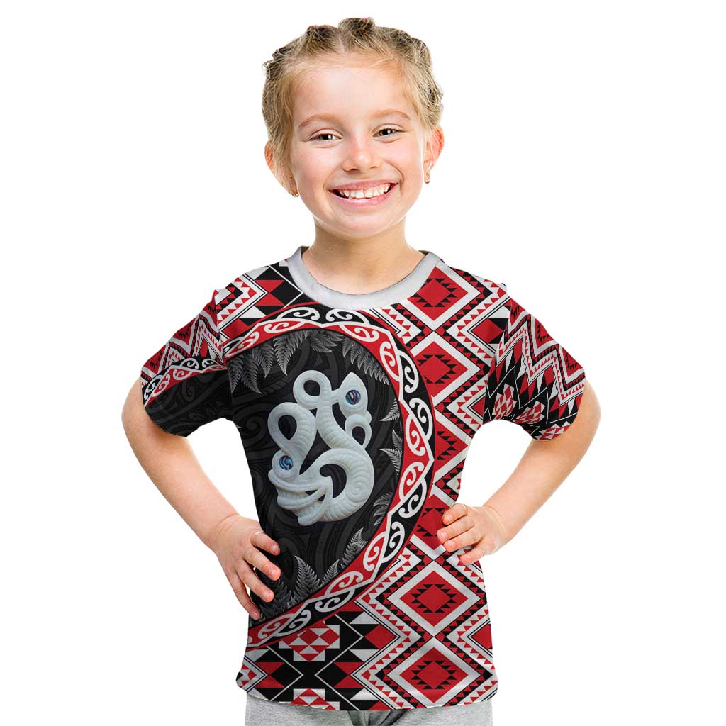 Red Taniko Motif Aotearoa Manaia and Silver Fern Kid T Shirt LT03 Red - Polynesian Pride