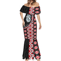 Red Taniko Motif Aotearoa Manaia and Silver Fern Mermaid Dress