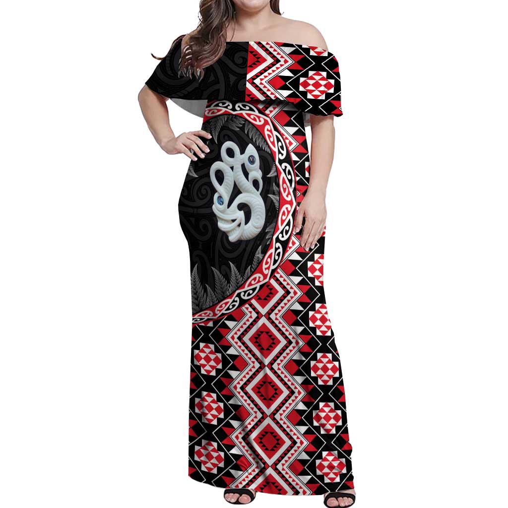 Red Taniko Motif Aotearoa Manaia and Silver Fern Off Shoulder Maxi Dress