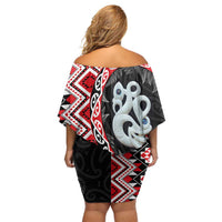 Red Taniko Motif Aotearoa Manaia and Silver Fern Off Shoulder Short Dress