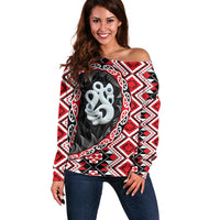 Red Taniko Motif Aotearoa Manaia and Silver Fern Off Shoulder Sweater