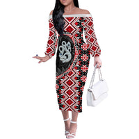 Red Taniko Motif Aotearoa Manaia and Silver Fern Off The Shoulder Long Sleeve Dress