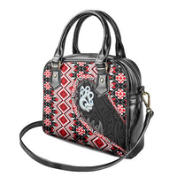 Red Taniko Motif Aotearoa Manaia and Silver Fern Shoulder Handbag