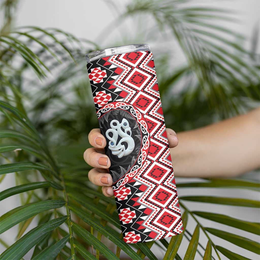 Red Taniko Motif Aotearoa Manaia and Silver Fern Skinny Tumbler LT03 - Polynesian Pride