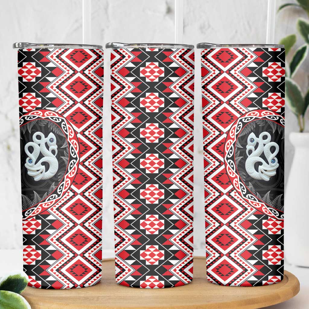 Red Taniko Motif Aotearoa Manaia and Silver Fern Skinny Tumbler LT03 - Polynesian Pride