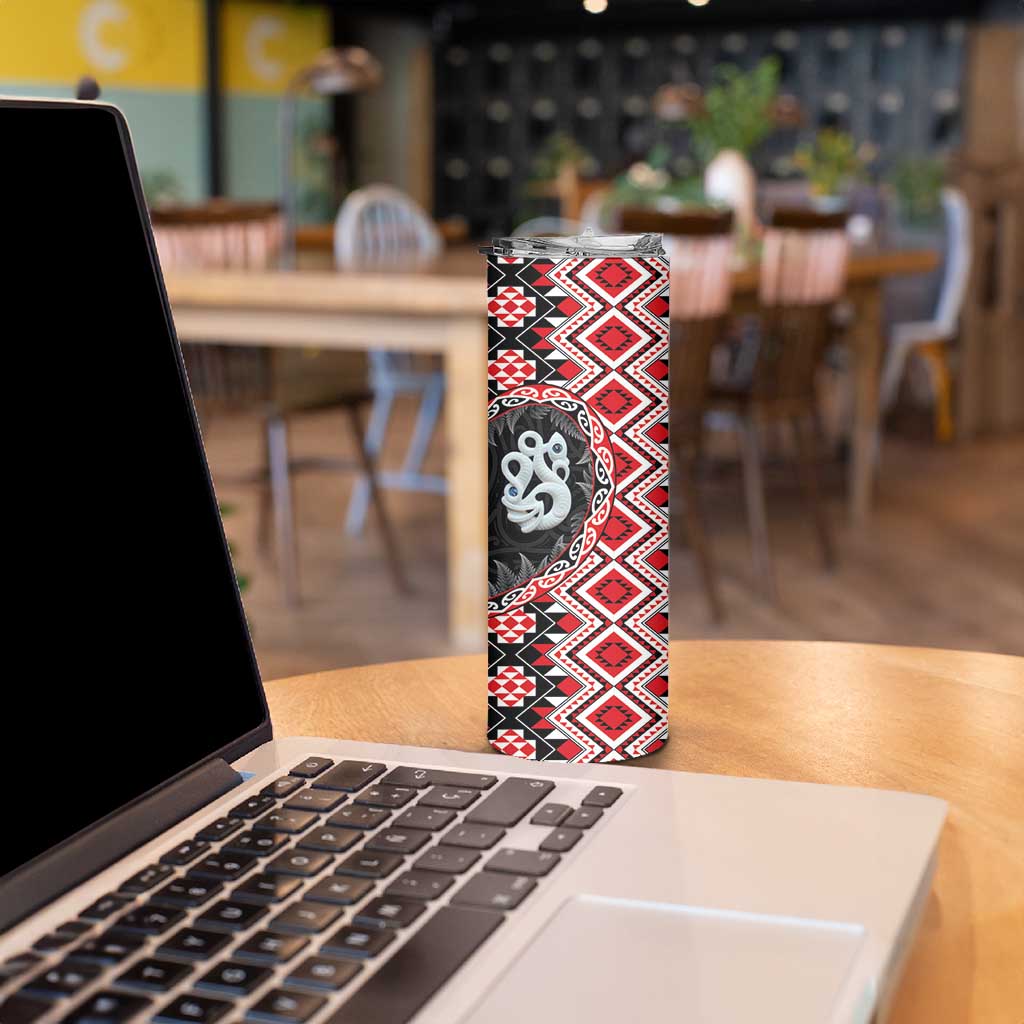 Red Taniko Motif Aotearoa Manaia and Silver Fern Skinny Tumbler LT03 - Polynesian Pride