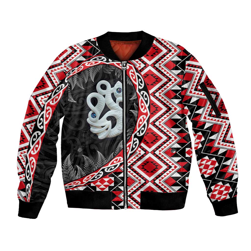 Red Taniko Motif Aotearoa Manaia and Silver Fern Sleeve Zip Bomber Jacket