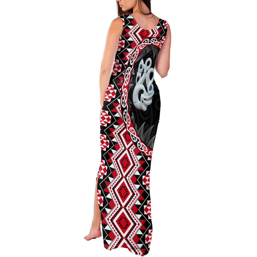 Red Taniko Motif Aotearoa Manaia and Silver Fern Tank Maxi Dress