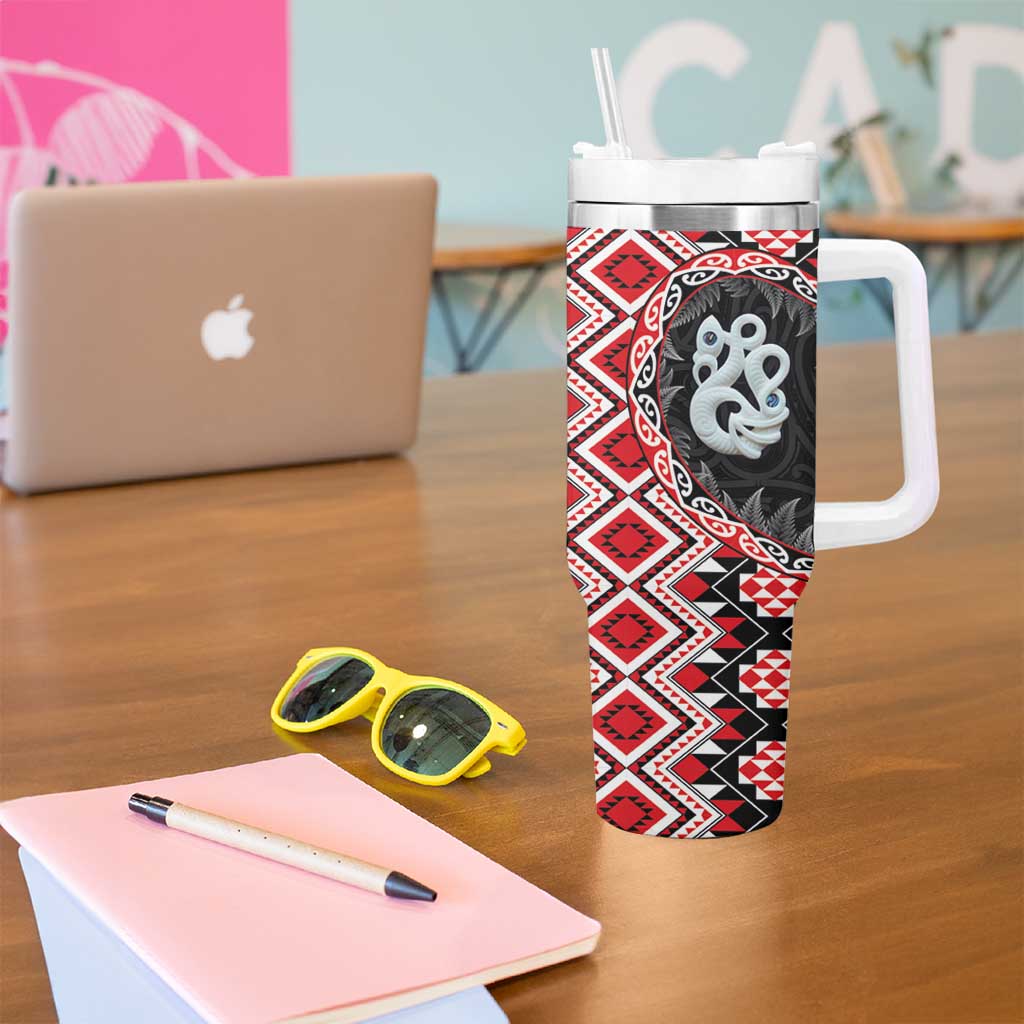Red Taniko Motif Aotearoa Manaia and Silver Fern Tumbler With Handle