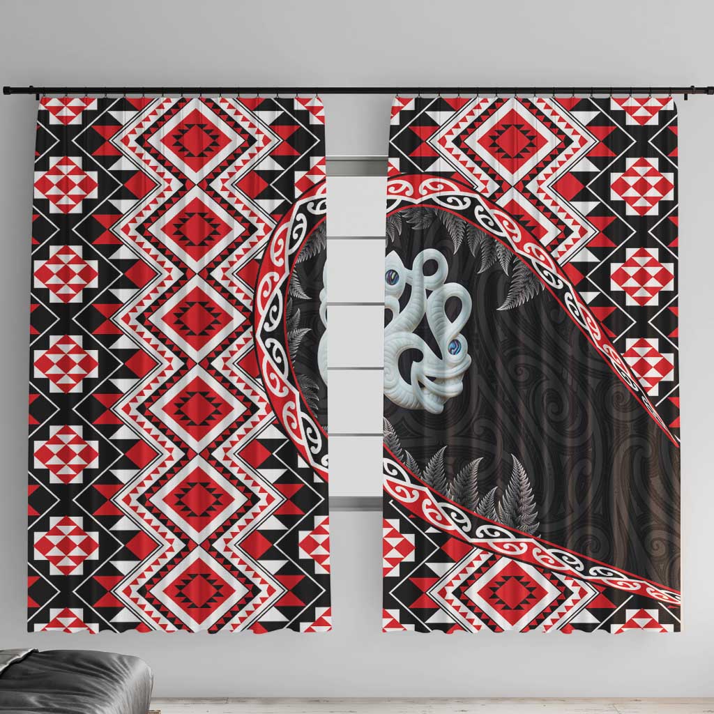 Red Taniko Motif Aotearoa Manaia and Silver Fern Window Curtain