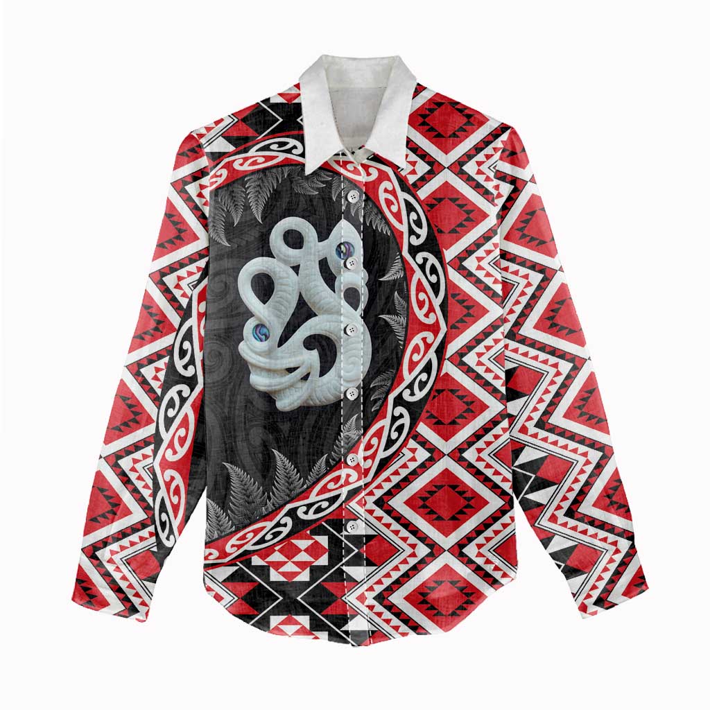 Red Taniko Motif Aotearoa Manaia and Silver Fern Women Casual Shirt LT03 - Polynesian Pride