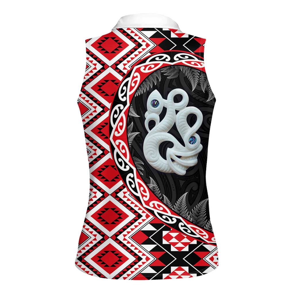 Red Taniko Motif Aotearoa Manaia and Silver Fern Women Sleeveless Polo Shirt LT03 - Polynesian Pride