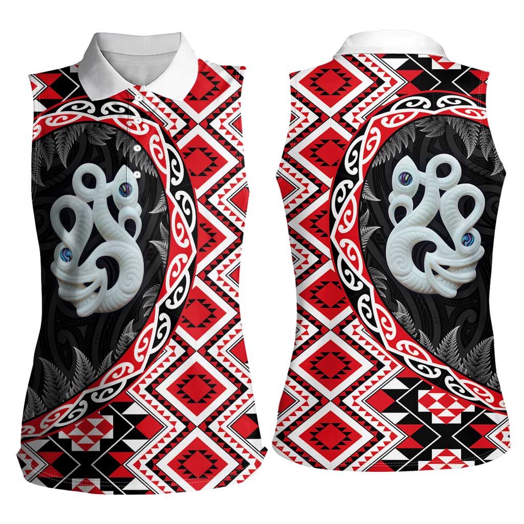 Red Taniko Motif Aotearoa Manaia and Silver Fern Women Sleeveless Polo Shirt LT03 - Polynesian Pride