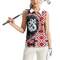 Red Taniko Motif Aotearoa Manaia and Silver Fern Women Sleeveless Polo Shirt LT03 - Polynesian Pride