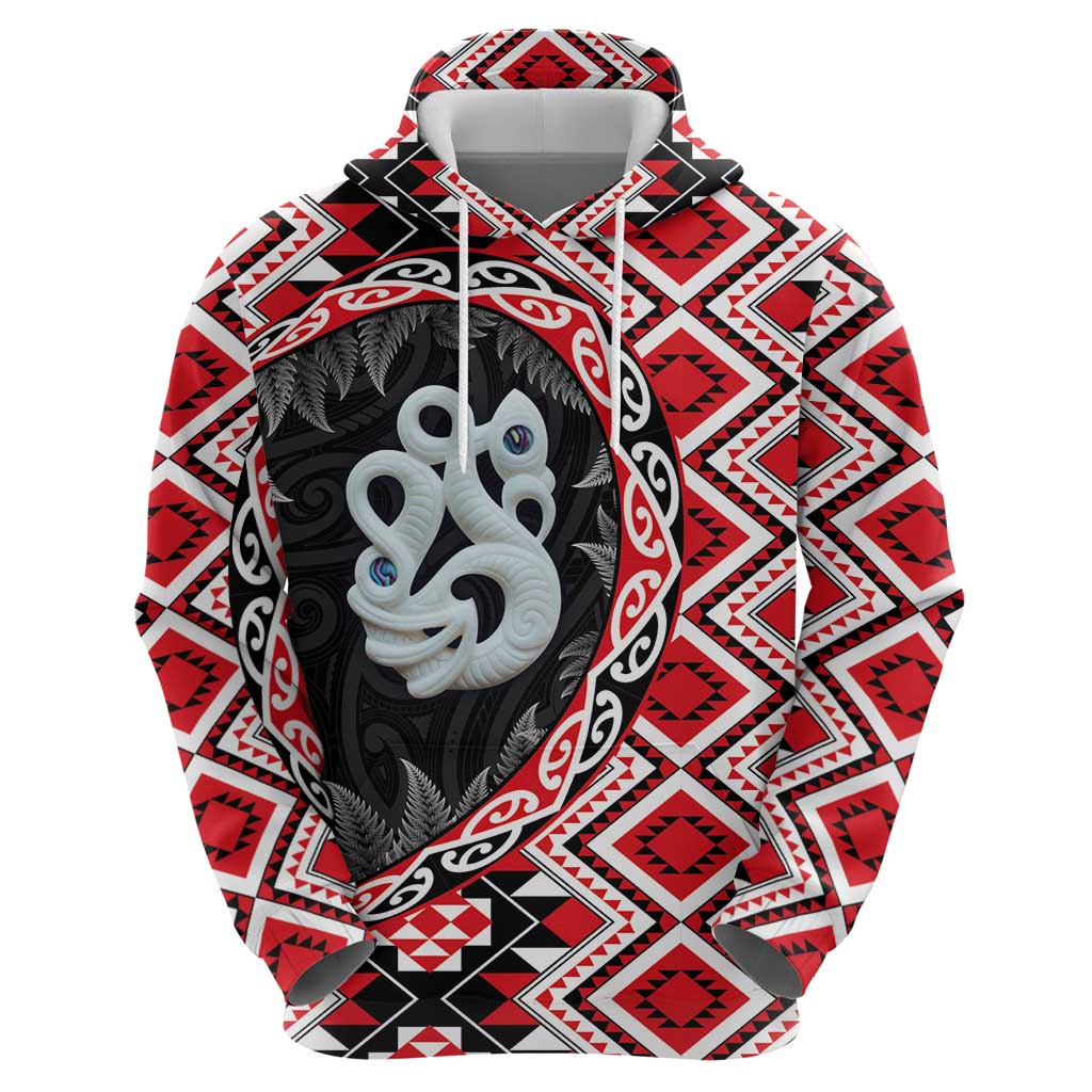 Red Taniko Motif Aotearoa Manaia and Silver Fern Zip Hoodie