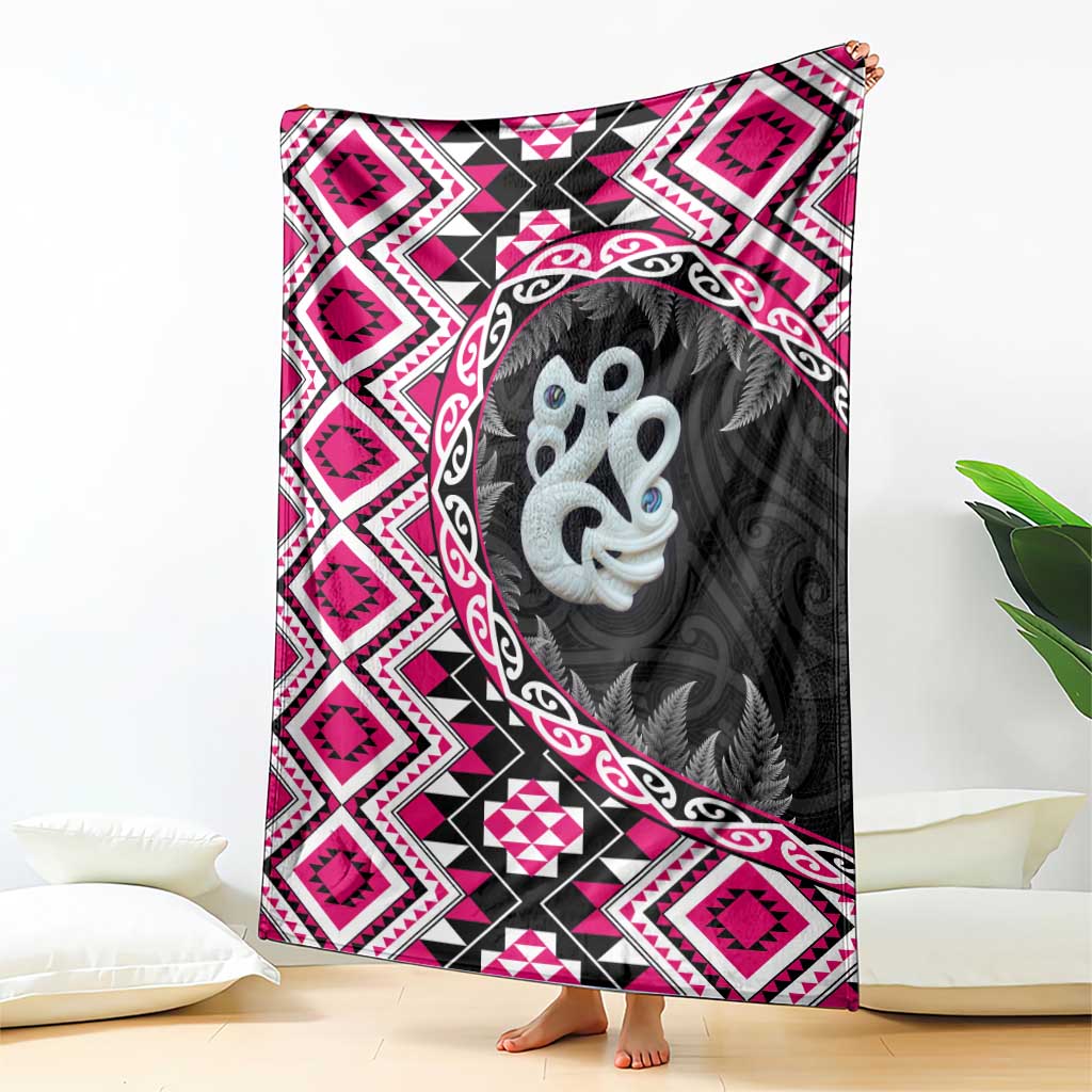 Pink Taniko Motif Aotearoa Manaia and Silver Fern Blanket