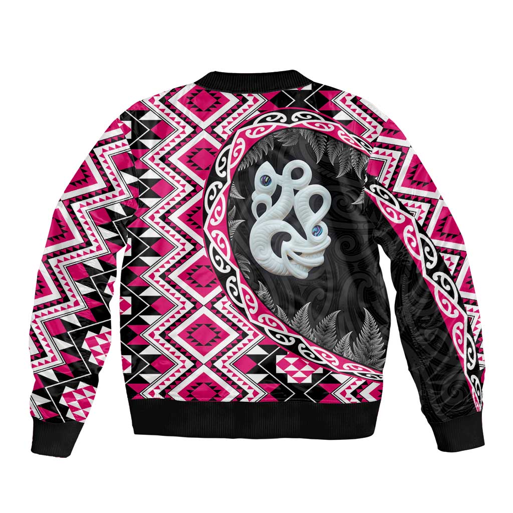 Pink Taniko Motif Aotearoa Manaia and Silver Fern Bomber Jacket