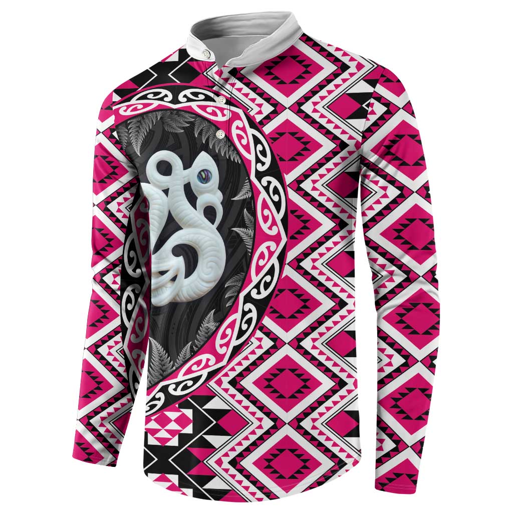 Pink Taniko Motif Aotearoa Manaia and Silver Fern Button Sweatshirt