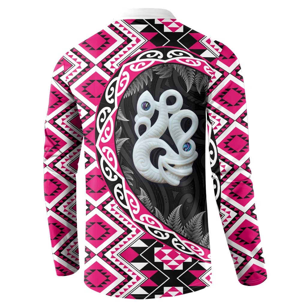 Pink Taniko Motif Aotearoa Manaia and Silver Fern Button Sweatshirt