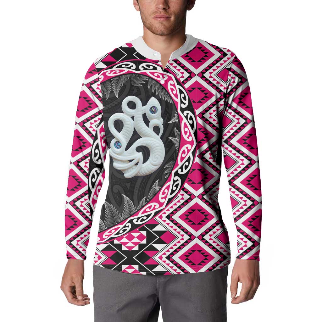 Pink Taniko Motif Aotearoa Manaia and Silver Fern Button Sweatshirt