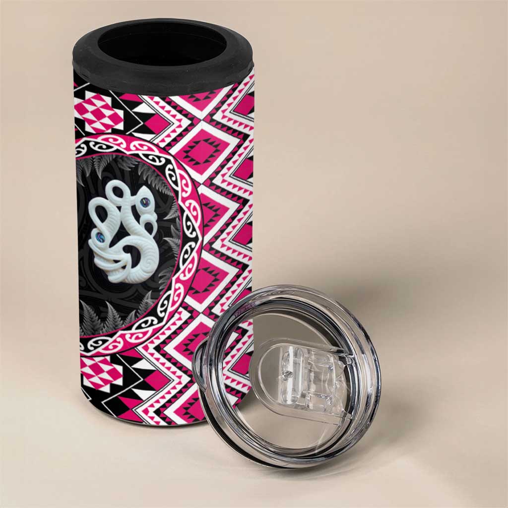 Pink Taniko Motif Aotearoa Manaia and Silver Fern 4 in 1 Can Cooler Tumbler LT03 - Polynesian Pride