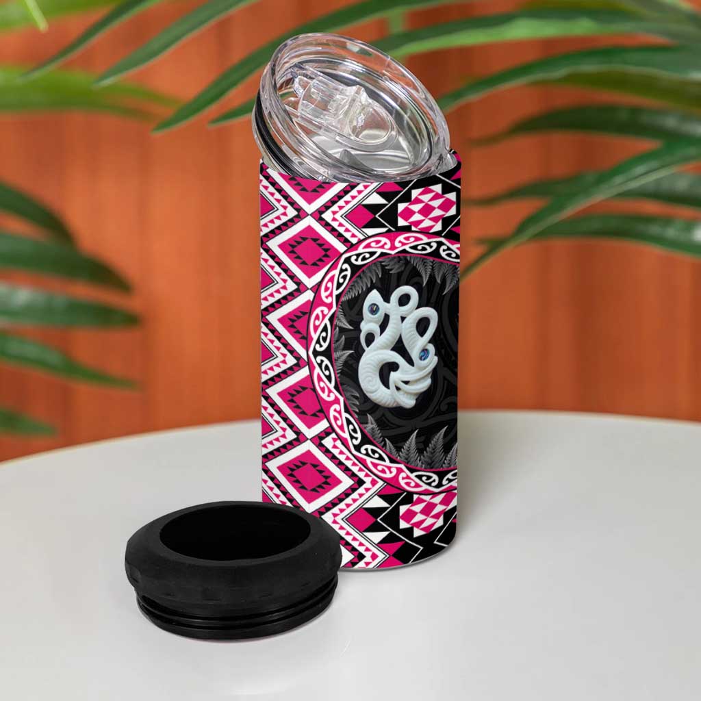 Pink Taniko Motif Aotearoa Manaia and Silver Fern 4 in 1 Can Cooler Tumbler LT03 - Polynesian Pride
