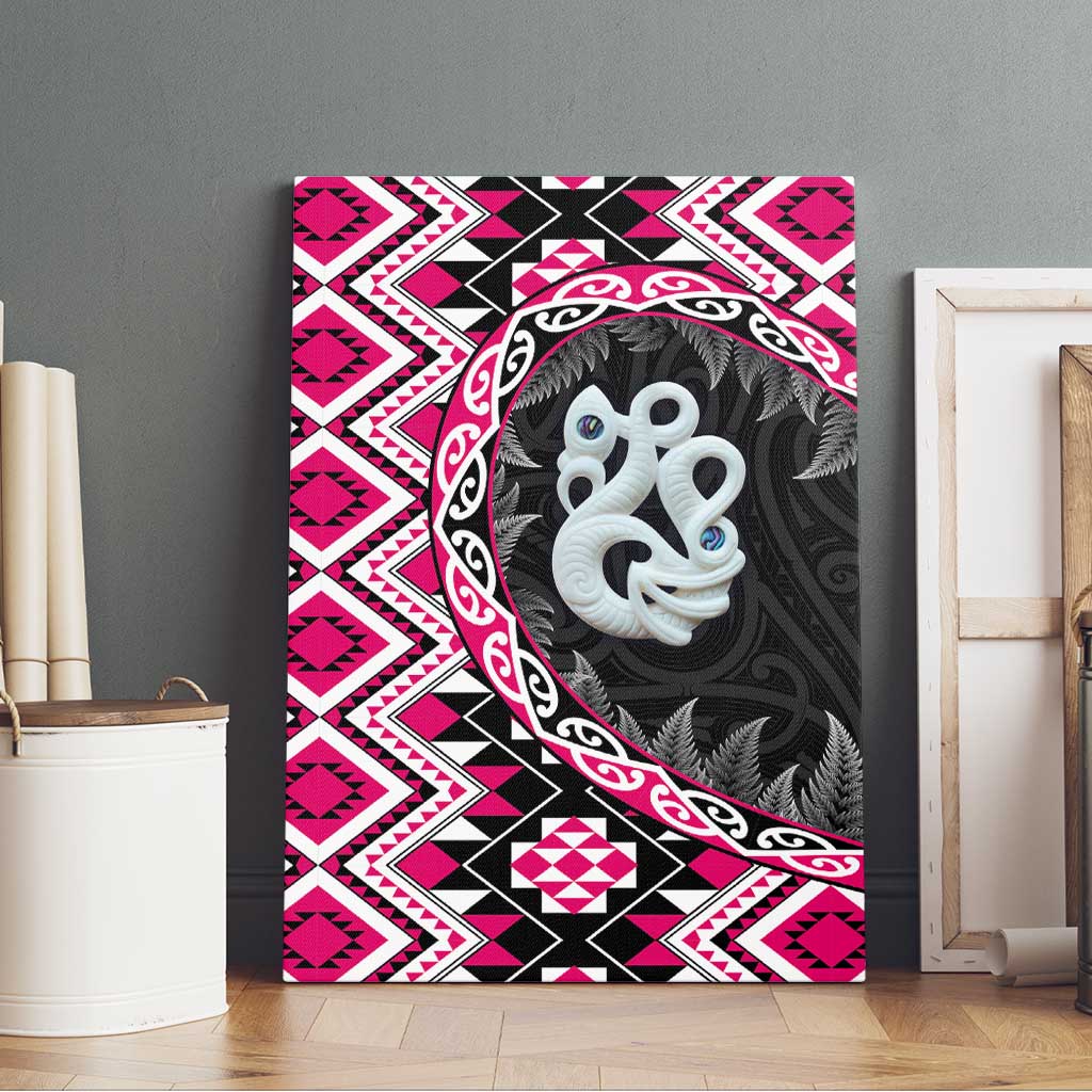 Pink Taniko Motif Aotearoa Manaia and Silver Fern Canvas Wall Art