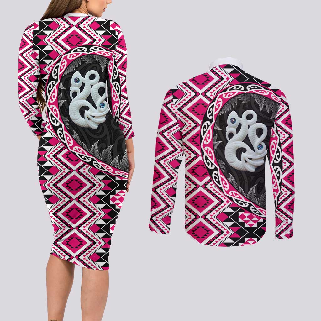 Pink Taniko Motif Aotearoa Manaia and Silver Fern Couples Matching Long Sleeve Bodycon Dress and Long Sleeve Button Shirt LT03 - Polynesian Pride