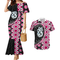 Pink Taniko Motif Aotearoa Manaia and Silver Fern Couples Matching Mermaid Dress and Hawaiian Shirt