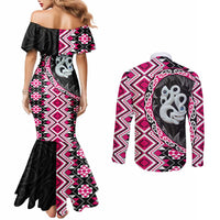 Pink Taniko Motif Aotearoa Manaia and Silver Fern Couples Matching Mermaid Dress and Long Sleeve Button Shirt LT03 - Polynesian Pride