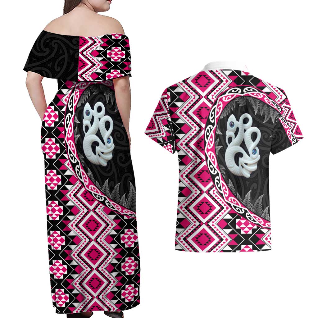 Pink Taniko Motif Aotearoa Manaia and Silver Fern Couples Matching Off Shoulder Maxi Dress and Hawaiian Shirt LT03 - Polynesian Pride