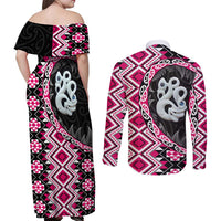 Pink Taniko Motif Aotearoa Manaia and Silver Fern Couples Matching Off Shoulder Maxi Dress and Long Sleeve Button Shirt LT03 - Polynesian Pride
