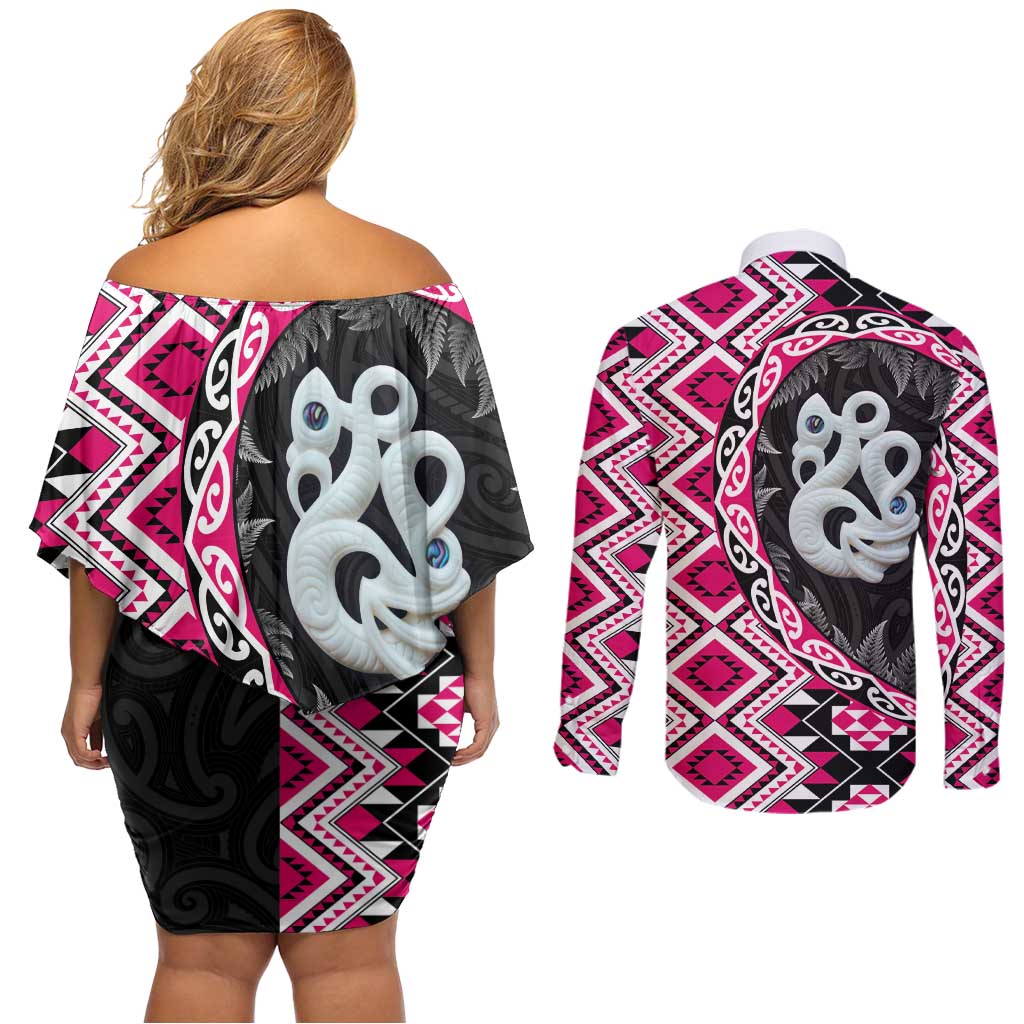 Pink Taniko Motif Aotearoa Manaia and Silver Fern Couples Matching Off Shoulder Short Dress and Long Sleeve Button Shirt LT03 - Polynesian Pride