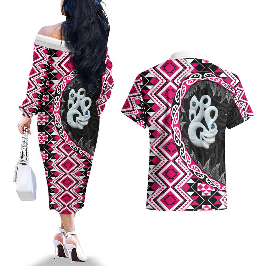 Pink Taniko Motif Aotearoa Manaia and Silver Fern Couples Matching Off The Shoulder Long Sleeve Dress and Hawaiian Shirt