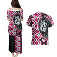 Pink Taniko Motif Aotearoa Manaia and Silver Fern Couples Matching Puletasi and Hawaiian Shirt LT03 - Polynesian Pride