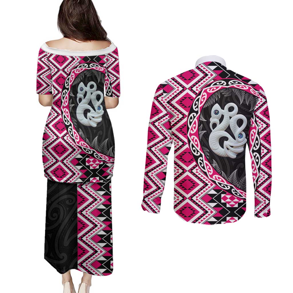 Pink Taniko Motif Aotearoa Manaia and Silver Fern Couples Matching Puletasi and Long Sleeve Button Shirt LT03 - Polynesian Pride