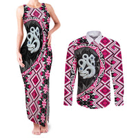 Pink Taniko Motif Aotearoa Manaia and Silver Fern Couples Matching Tank Maxi Dress and Long Sleeve Button Shirt LT03 Pink - Polynesian Pride