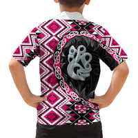 Pink Taniko Motif Aotearoa Manaia and Silver Fern Family Matching Long Sleeve Bodycon Dress and Hawaiian Shirt LT03 - Polynesian Pride
