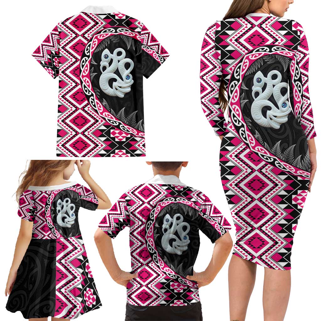 Pink Taniko Motif Aotearoa Manaia and Silver Fern Family Matching Long Sleeve Bodycon Dress and Hawaiian Shirt LT03 - Polynesian Pride