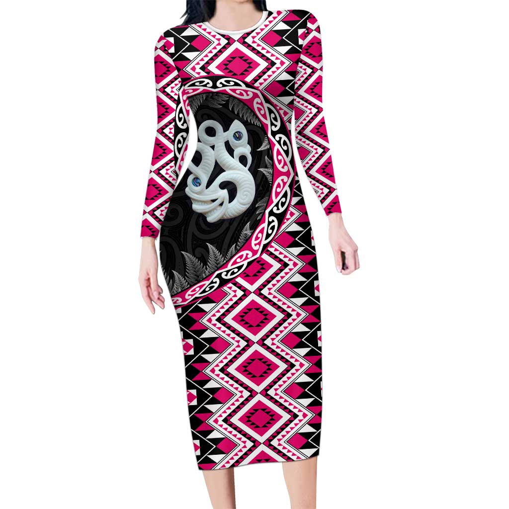 Pink Taniko Motif Aotearoa Manaia and Silver Fern Family Matching Long Sleeve Bodycon Dress and Hawaiian Shirt LT03 Mom's Dress Pink - Polynesian Pride
