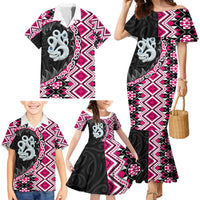 Pink Taniko Motif Aotearoa Manaia and Silver Fern Family Matching Mermaid Dress and Hawaiian Shirt LT03 - Polynesian Pride