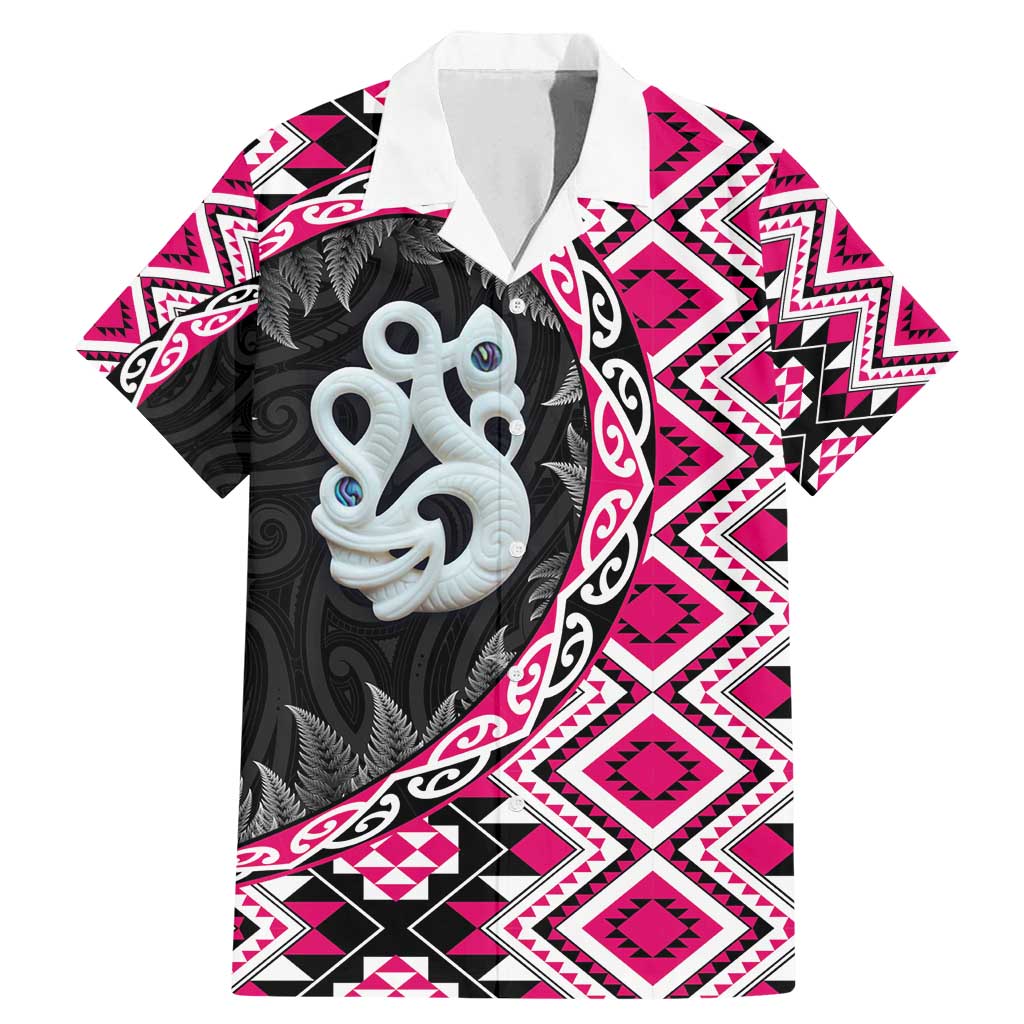 Pink Taniko Motif Aotearoa Manaia and Silver Fern Family Matching Mermaid Dress and Hawaiian Shirt LT03 Dad's Shirt - Short Sleeve Pink - Polynesian Pride