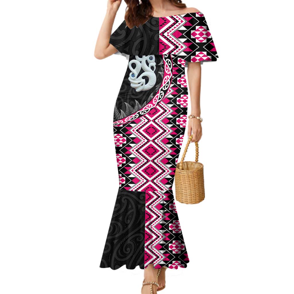 Pink Taniko Motif Aotearoa Manaia and Silver Fern Family Matching Mermaid Dress and Hawaiian Shirt LT03 Mom's Dress Pink - Polynesian Pride
