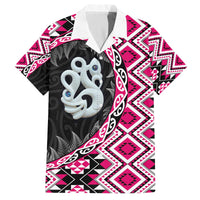 Pink Taniko Motif Aotearoa Manaia and Silver Fern Family Matching Off The Shoulder Long Sleeve Dress and Hawaiian Shirt