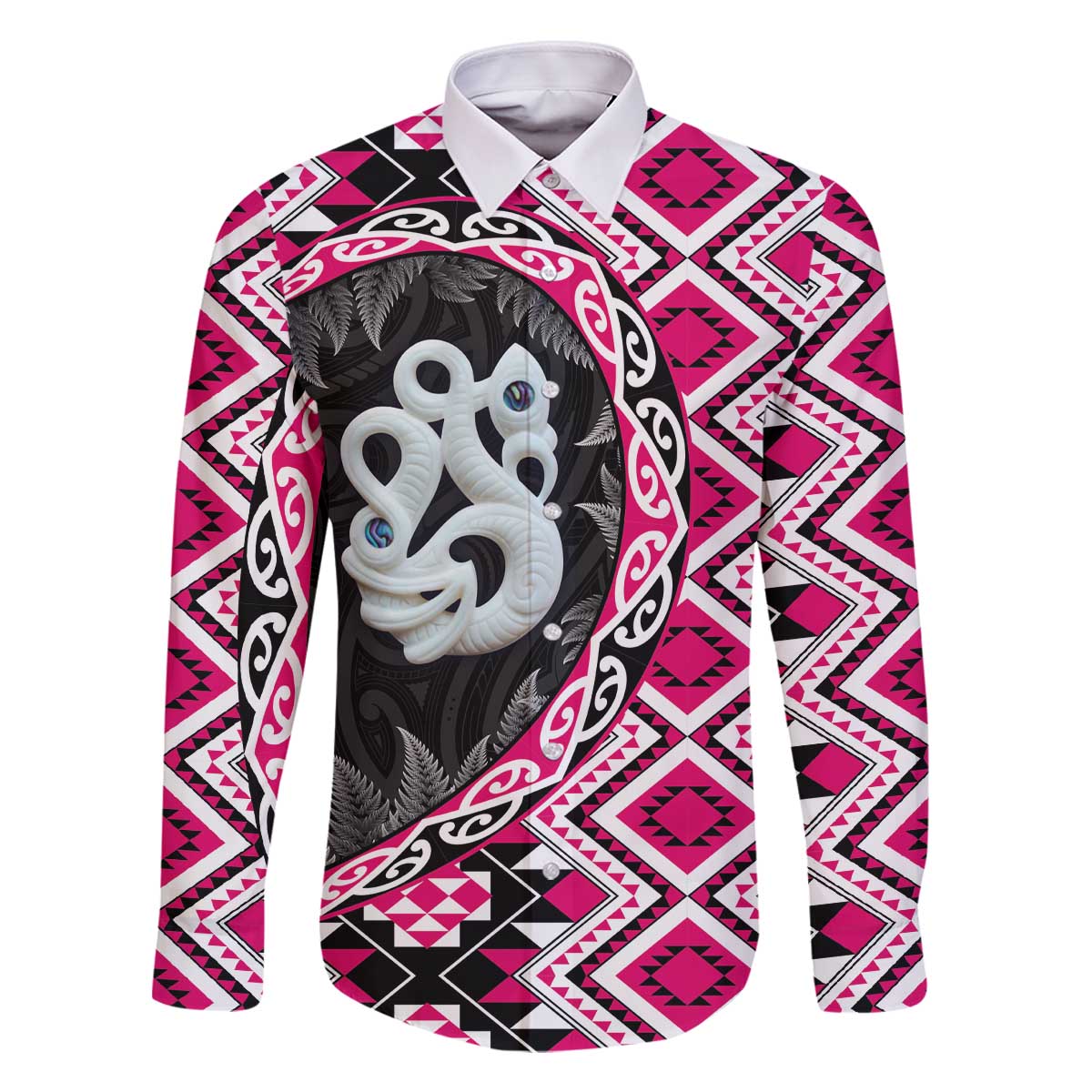 Pink Taniko Motif Aotearoa Manaia and Silver Fern Family Matching Off The Shoulder Long Sleeve Dress and Hawaiian Shirt