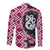 Pink Taniko Motif Aotearoa Manaia and Silver Fern Family Matching Off The Shoulder Long Sleeve Dress and Hawaiian Shirt