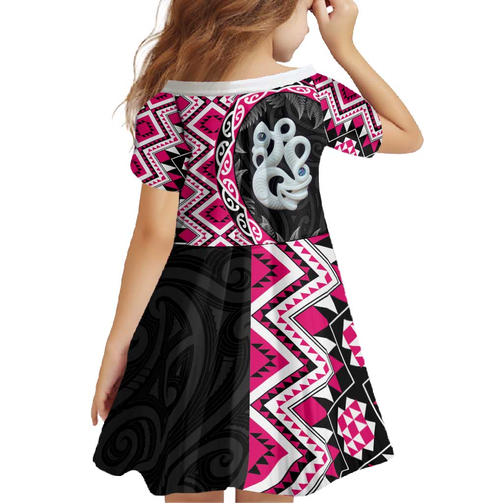 Pink Taniko Motif Aotearoa Manaia and Silver Fern Family Matching Off Shoulder Maxi Dress and Hawaiian Shirt LT03 - Polynesian Pride