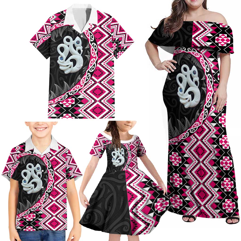 Pink Taniko Motif Aotearoa Manaia and Silver Fern Family Matching Off Shoulder Maxi Dress and Hawaiian Shirt LT03 - Polynesian Pride