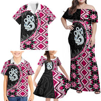 Pink Taniko Motif Aotearoa Manaia and Silver Fern Family Matching Off Shoulder Maxi Dress and Hawaiian Shirt LT03 - Polynesian Pride
